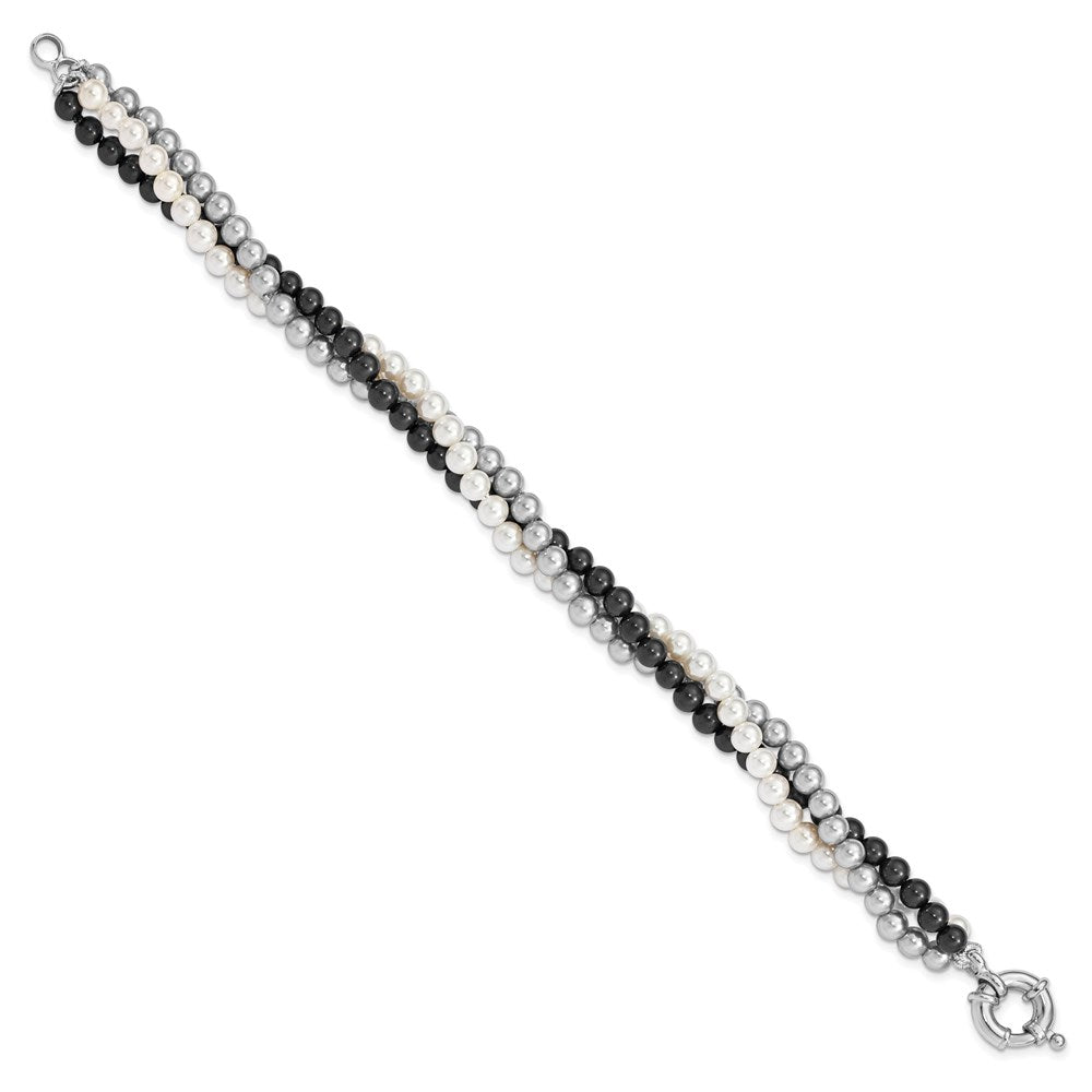 Majestik Sterling Silver Rhodium-plated 3 Row 4-5mm White Grey Black Imitation Shell Pearl Hand-knotted Bracelet