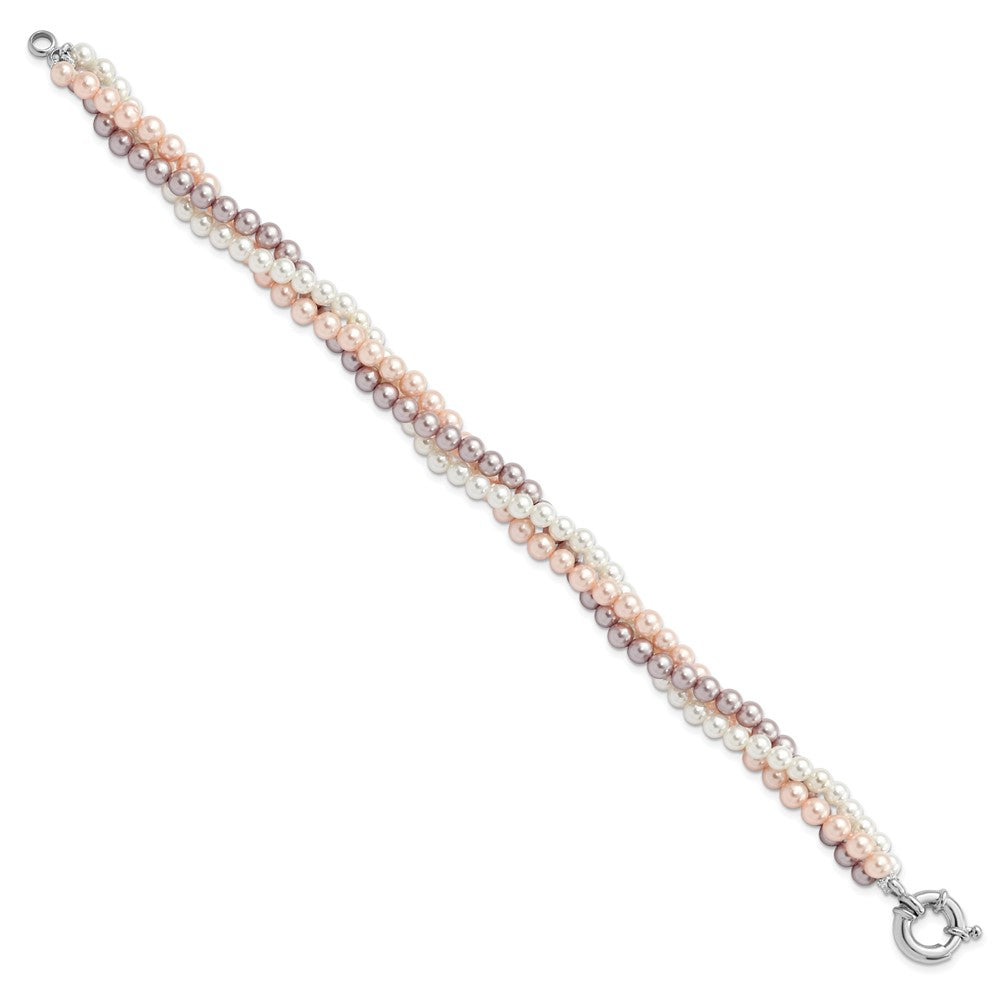 Majestik Sterling Silver Rhodium-plated 3Row 4-5mm White Pink Purple Imitation Shell Pearl Hand-knotted Bracelet