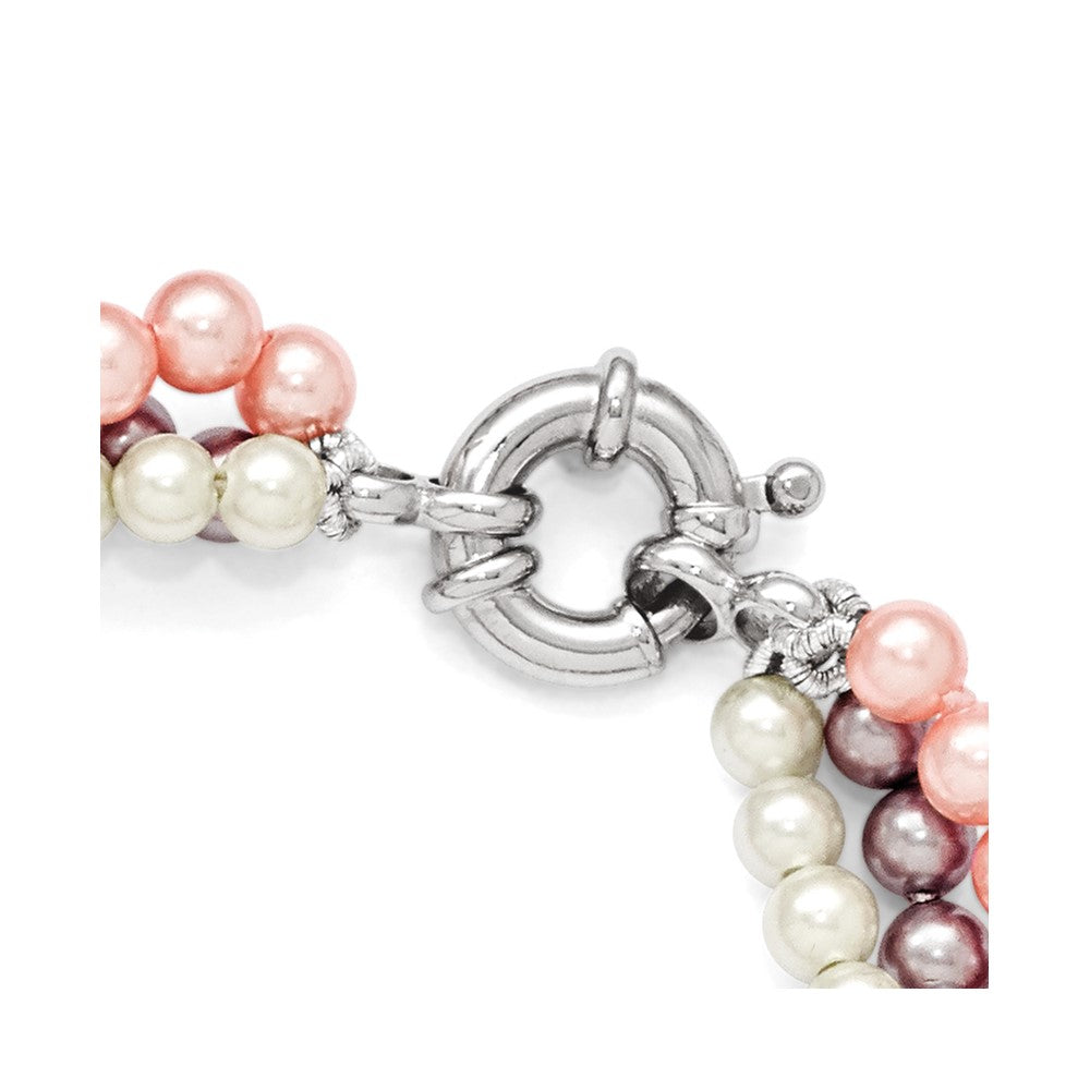 Majestik Sterling Silver Rhodium-plated 3Row 4-5mm White Pink Purple Imitation Shell Pearl Hand-knotted Bracelet