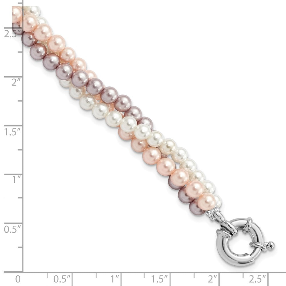 Majestik Sterling Silver Rhodium-plated 3Row 4-5mm White Pink Purple Imitation Shell Pearl Hand-knotted Bracelet