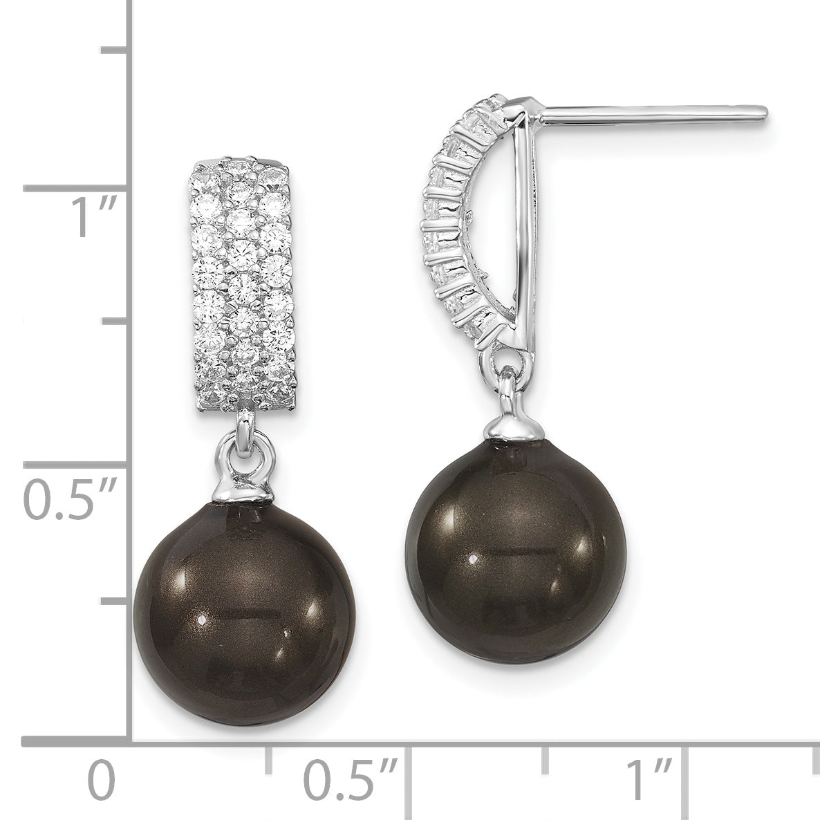 Sterling Silver Majestik 101mm Black Shell Bead & CZ Dangle Earrings QMJE109B