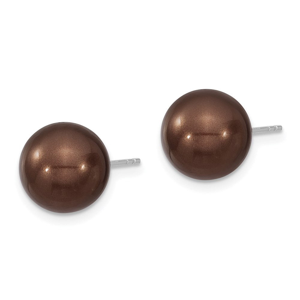 Majestik Sterling Silver Rhodium-plated 10-11mm Brown Imitation Shell Pearl Stud Earrings