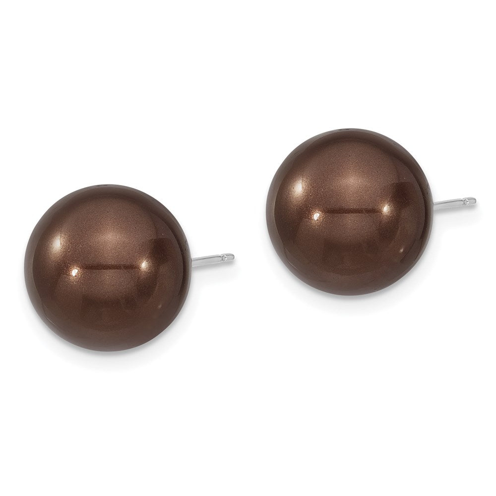 Majestik Sterling Silver Rhodium-plated 12-13mm Brown Imitation Shell Pearl Stud Earrings