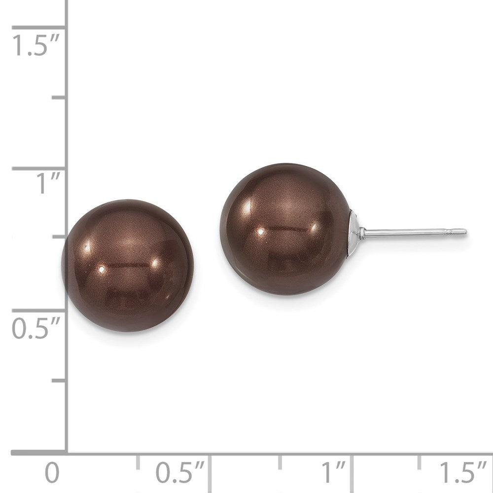 Majestik Sterling Silver Rhodium-plated 12-13mm Brown Imitation Shell Pearl Stud Earrings