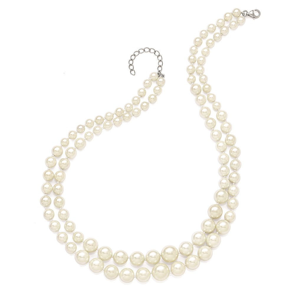 Majestik Sterling Silver Rhodium-plated 2 Row 6-12mm Graduated White Imitation Shell Pearl Hand-knotted Necklace with 2 in...