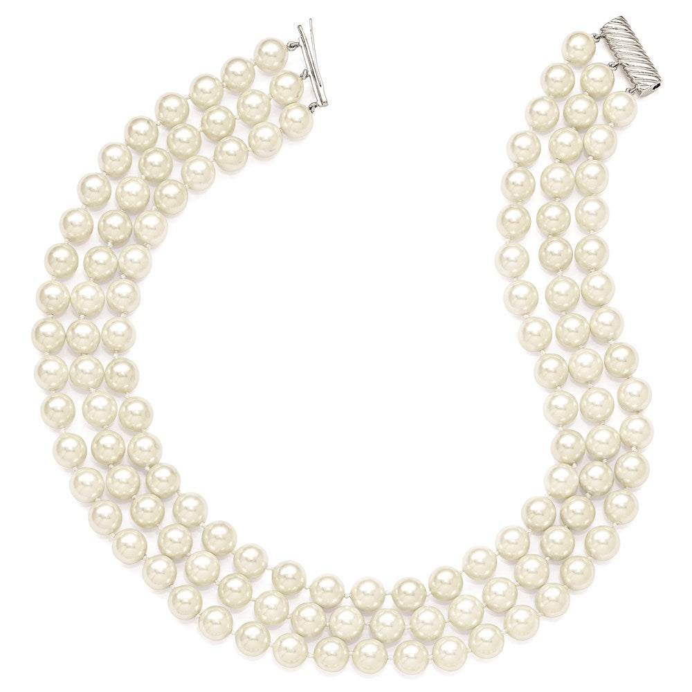 Majestik Sterling Silver Rhodium-plated 3 Row 10-11mm White Imitation Shell Pearl Hand-knotted Necklace