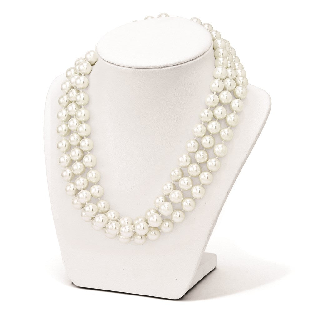 Majestik Sterling Silver Rhodium-plated 3 Row 10-11mm White Imitation Shell Pearl Hand-knotted Necklace