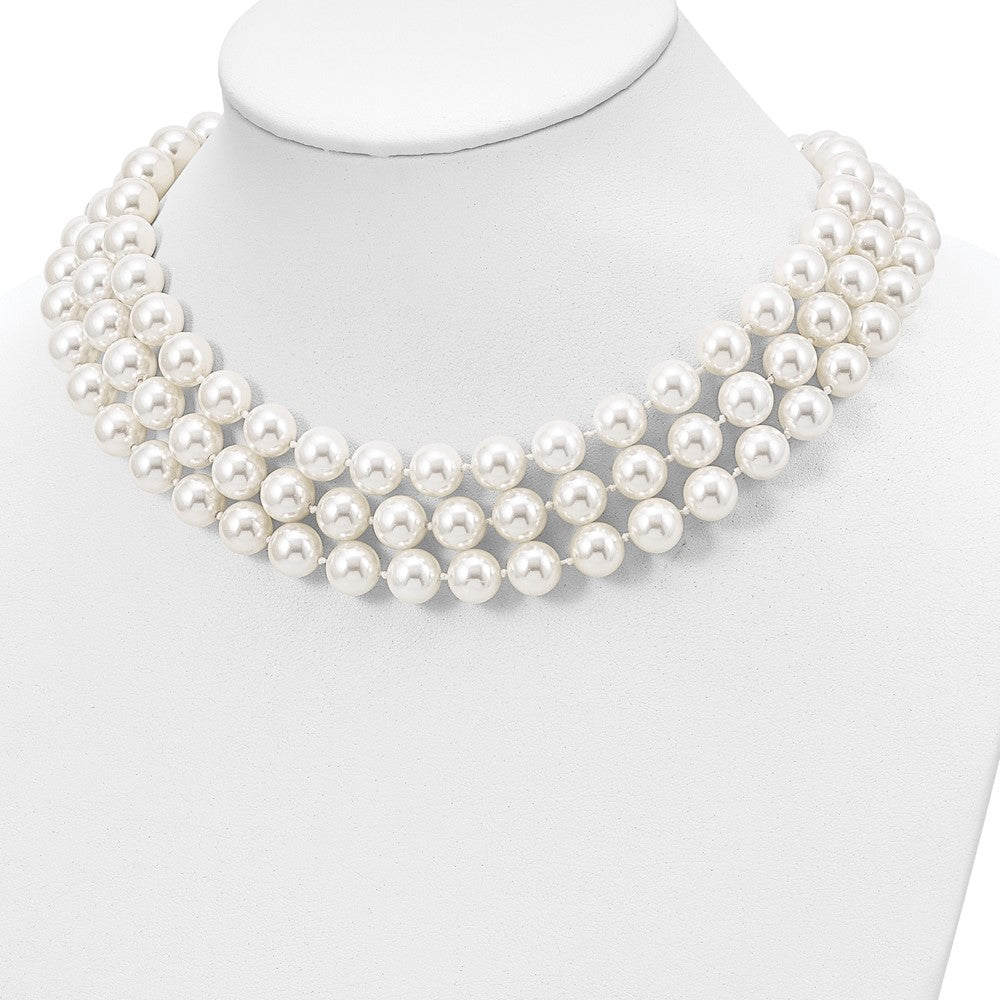 Majestik Sterling Silver Rhodium-plated 3 Row 10-11mm White Imitation Shell Pearl Hand-knotted Necklace