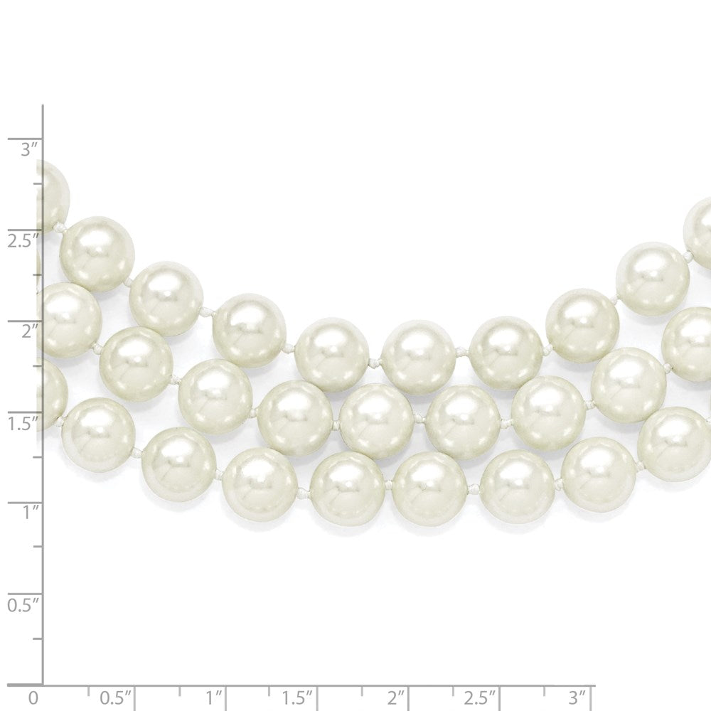 Majestik Sterling Silver Rhodium-plated 3 Row 10-11mm White Imitation Shell Pearl Hand-knotted Necklace