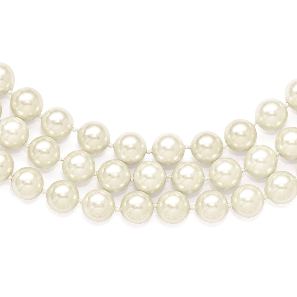 Majestik Sterling Silver Rhodium-plated 3 Row 10-11mm White Imitation Shell Pearl Hand-knotted Necklace