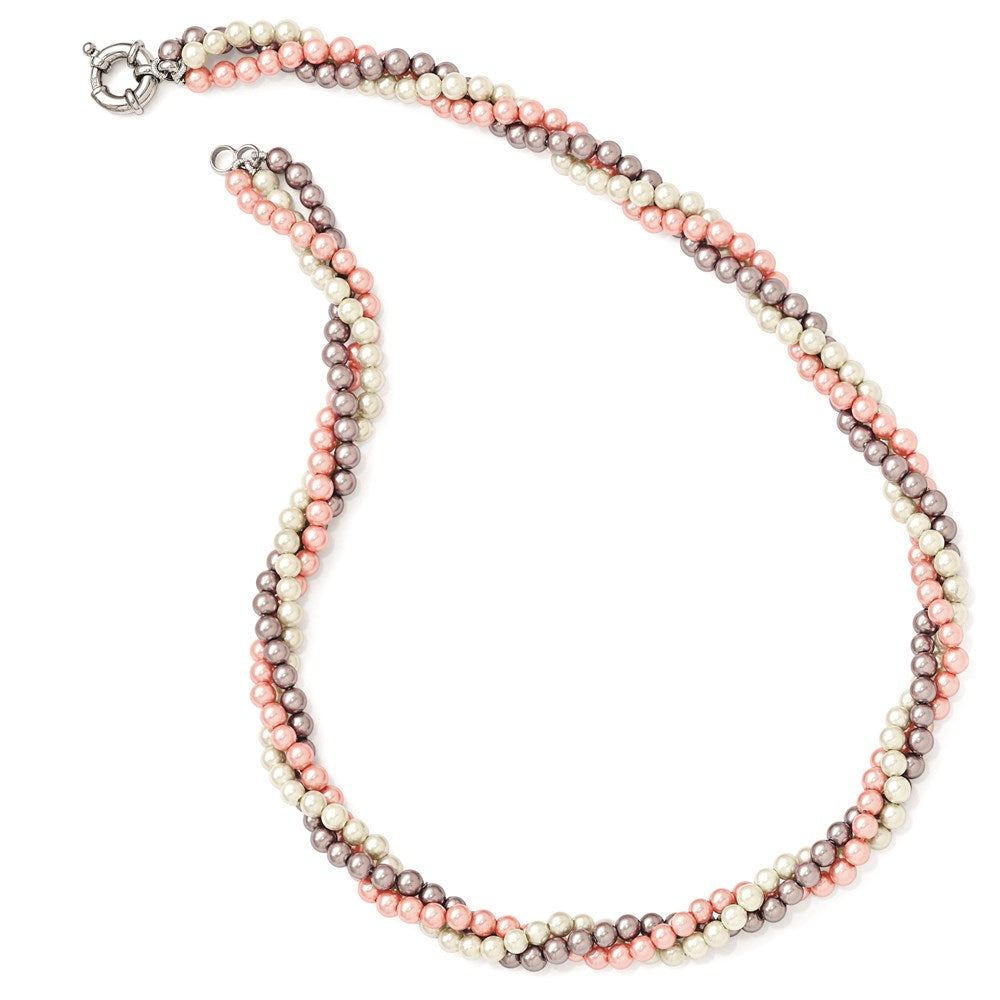 Majestik Sterling Silver Rhodium-plated 3 Row 4-5mm White Pink Purple Imitation Shell Pearl Hand-knotted Necklace