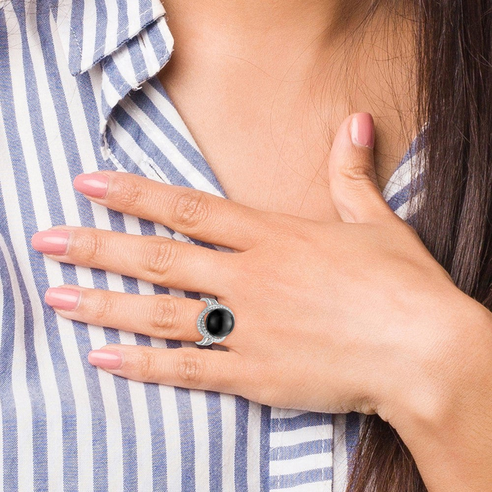 Majestik Sterling Silver Rhodium-plated Size 6 12-13mm Black Imitation Shell Pearl and CZ Ring