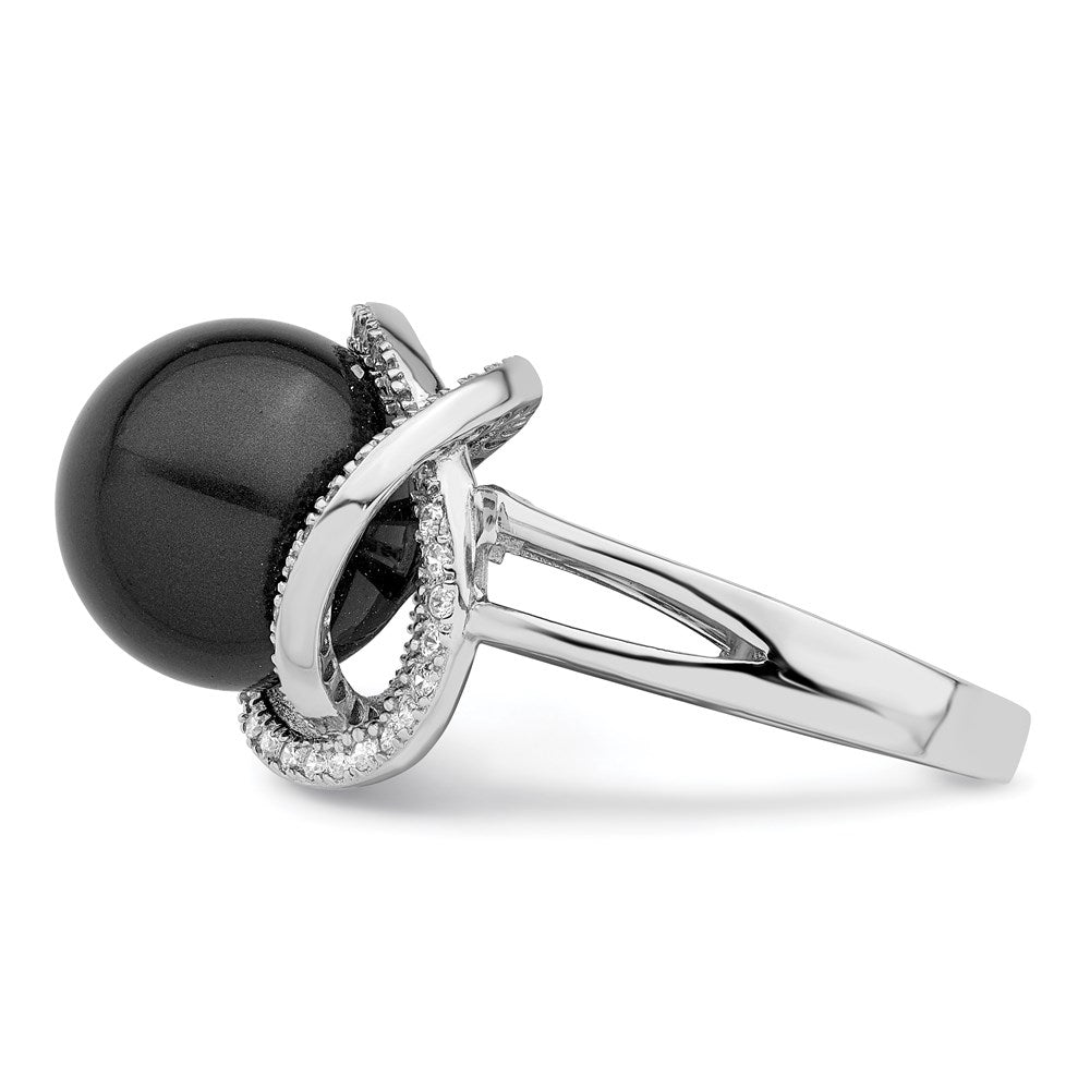 Majestik Sterling Silver Rhodium-plated Size 6 12-13mm Black Imitation Shell Pearl and CZ Ring