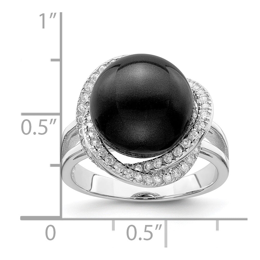 Majestik Sterling Silver Rhodium-plated Size 6 12-13mm Black Imitation Shell Pearl and CZ Ring