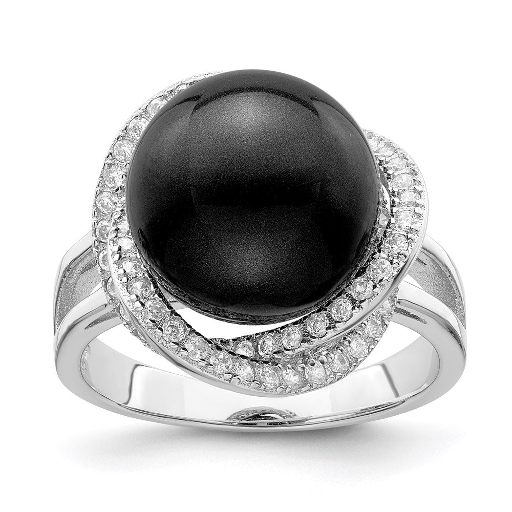 Majestik Sterling Silver Rhodium-plated Size 6 12-13mm Black Imitation Shell Pearl and CZ Ring