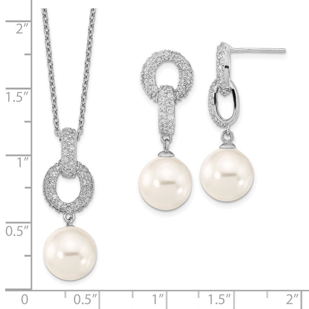 Majestik Sterling Silver Rhodium-plated 10-11mm White Imitation Shell Pearl and CZ Earrings and Spring Ring Clasp 17 inch ...