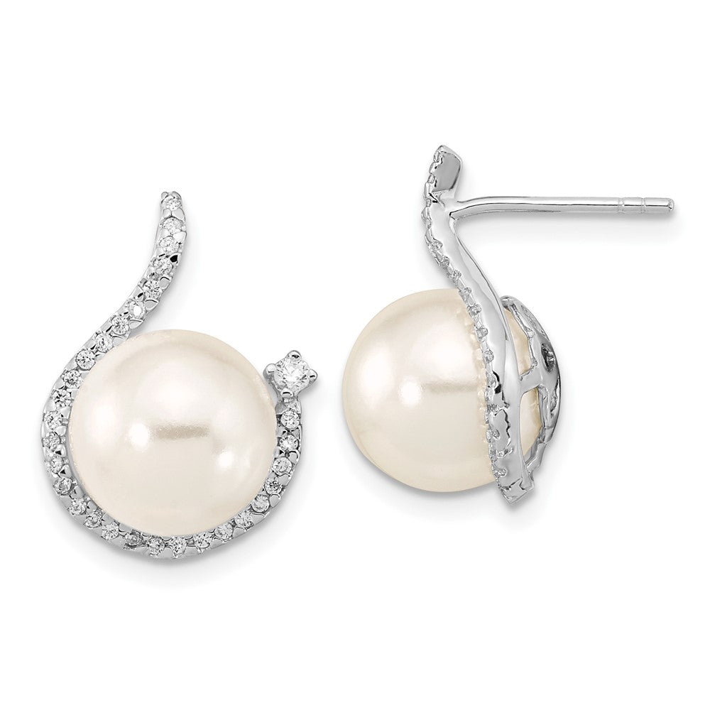 Majestik Sterling Silver Rhodium-plated 10-12mm White Imitation Shell Pearl and CZ Earrings and Spring Ring Clasp 17 inch ...