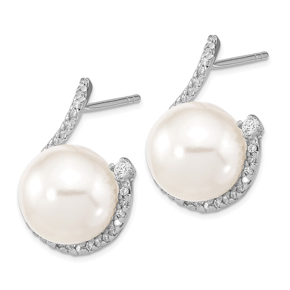 Majestik Sterling Silver Rhodium-plated 10-12mm White Imitation Shell Pearl and CZ Earrings and Spring Ring Clasp 17 inch ...