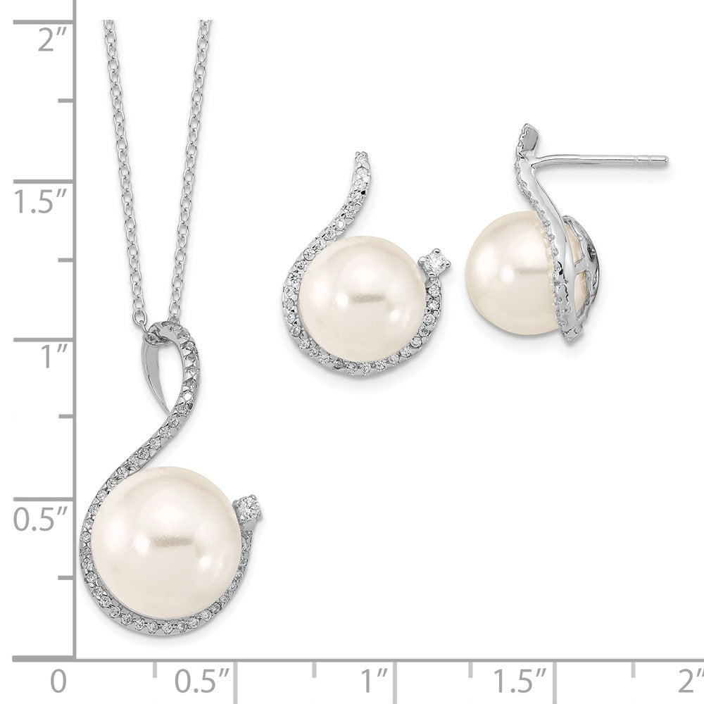 Majestik Sterling Silver Rhodium-plated 10-12mm White Imitation Shell Pearl and CZ Earrings and Spring Ring Clasp 17 inch ...