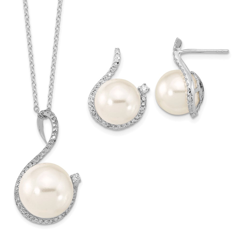 Majestik Sterling Silver Rhodium-plated 10-12mm White Imitation Shell Pearl and CZ Earrings and Spring Ring Clasp 17 inch ...