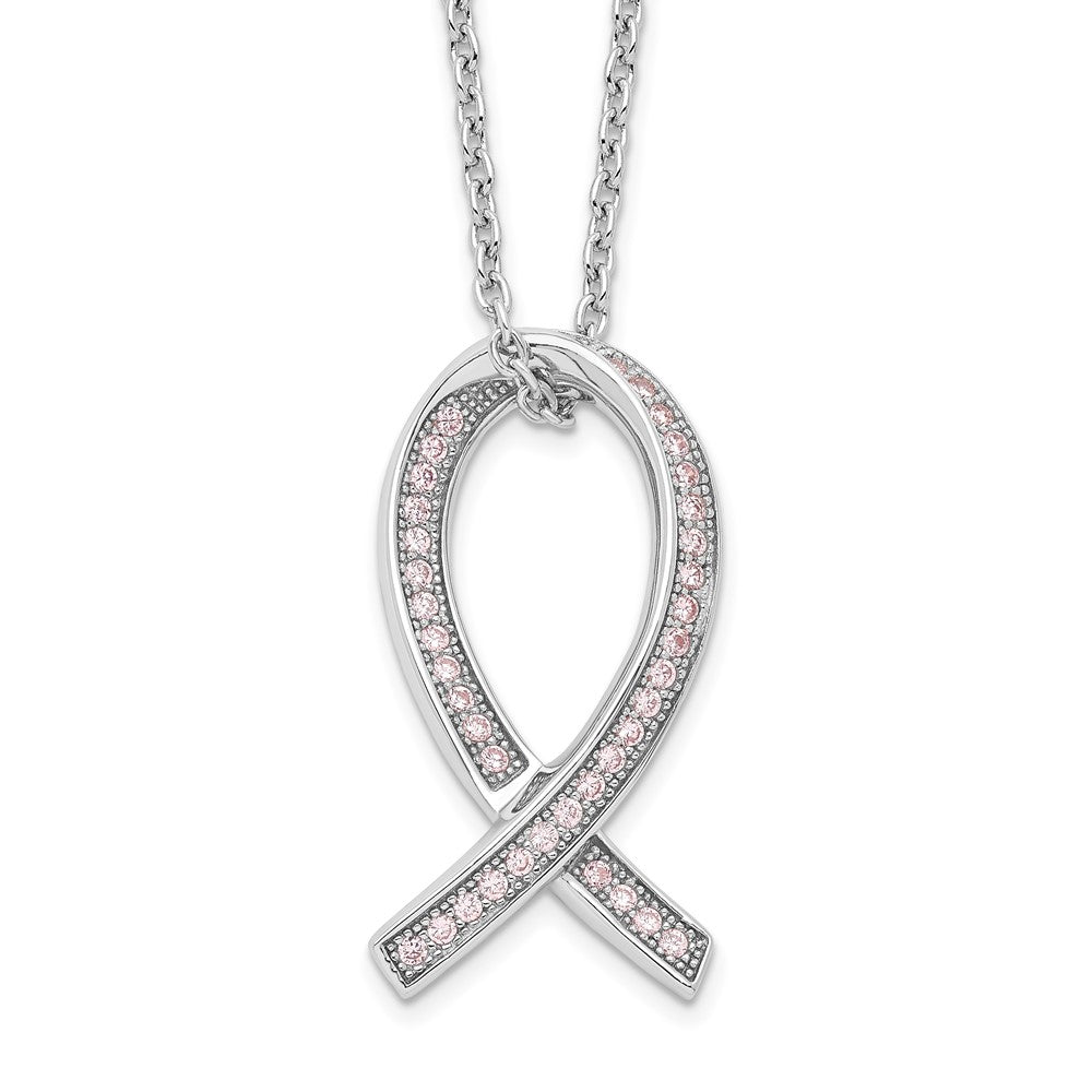 Brilliant Embers Sterling Silver Rhodium-plated 38 Stone 18 inch Micro Pav√á Pink CZ Awareness Ribbon Necklace with 2 Inch ...