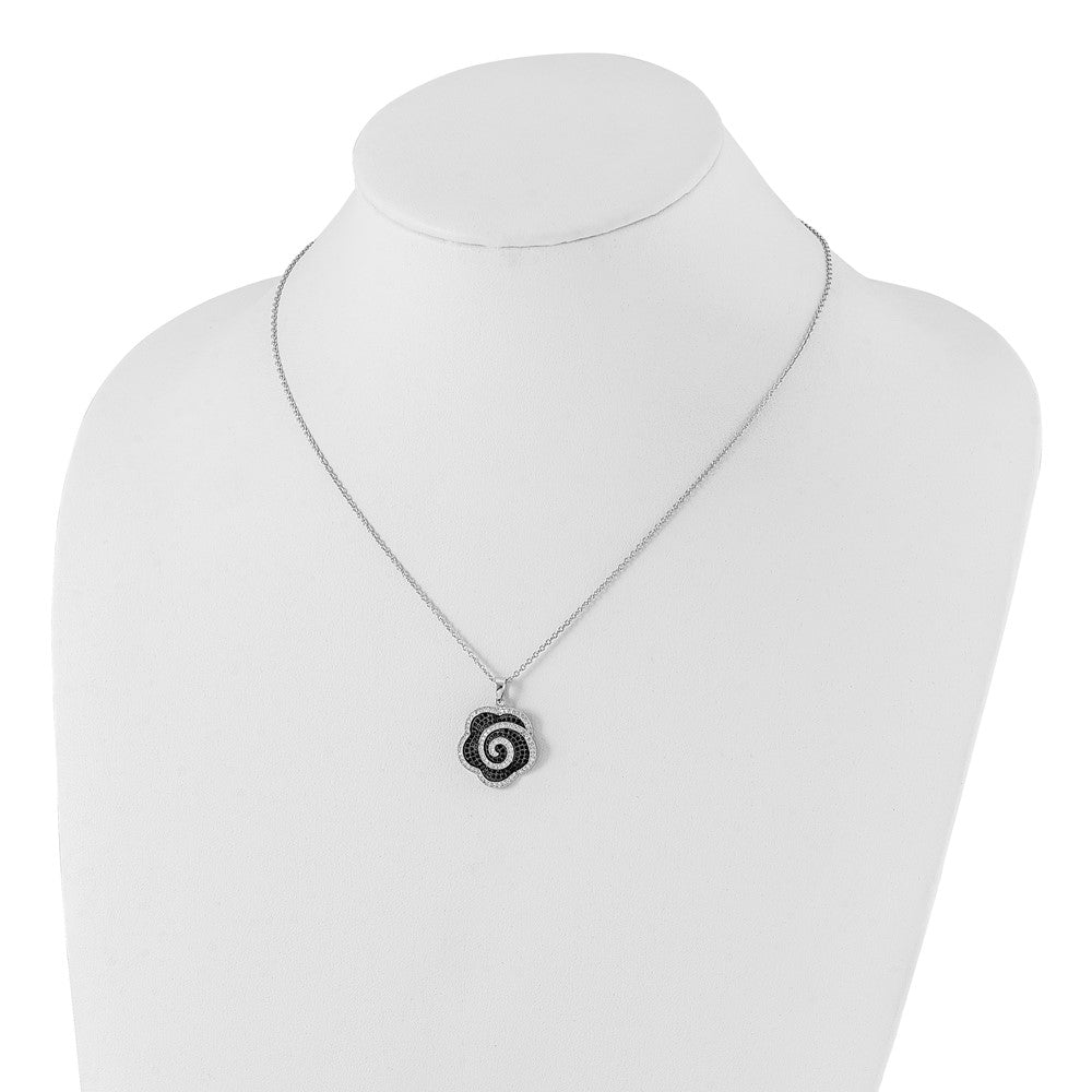 Brilliant Embers Sterling Silver Rhodium-plated Black & Clear CZ Flower w/ 2in ext Necklace