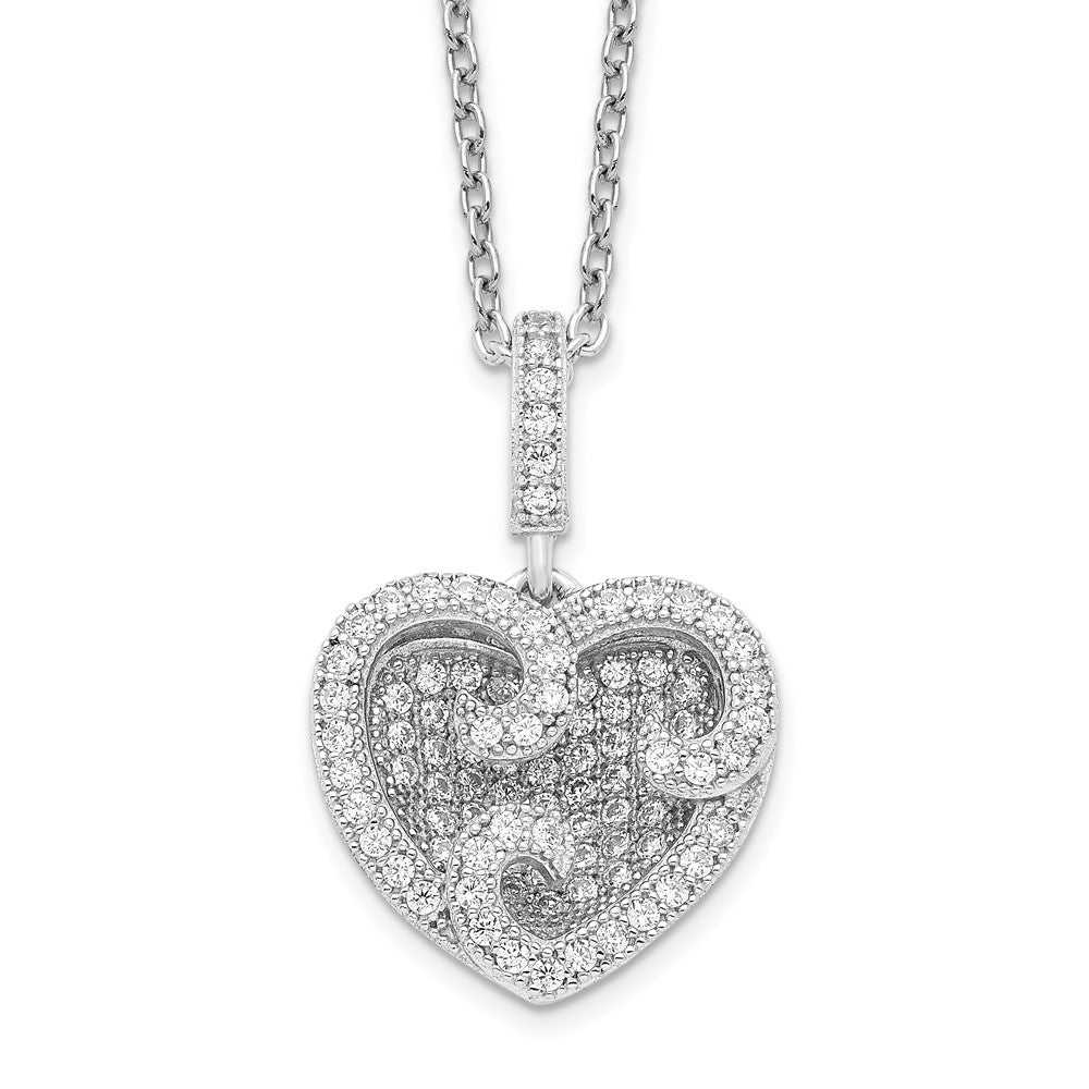 Brilliant Embers Sterling Silver Rhodium-plated 100 Stone 18 inch Micro PavÇ CZ Polished Heart Necklace with 2 Inch Extender