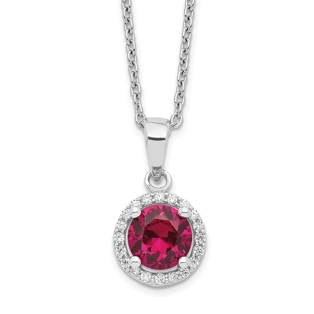 Brilliant Embers Sterling Silver Rhodium-plated 20 Stone 18 inch Red Corundum and Clear CZ Halo Necklace with 2 Inch Extender