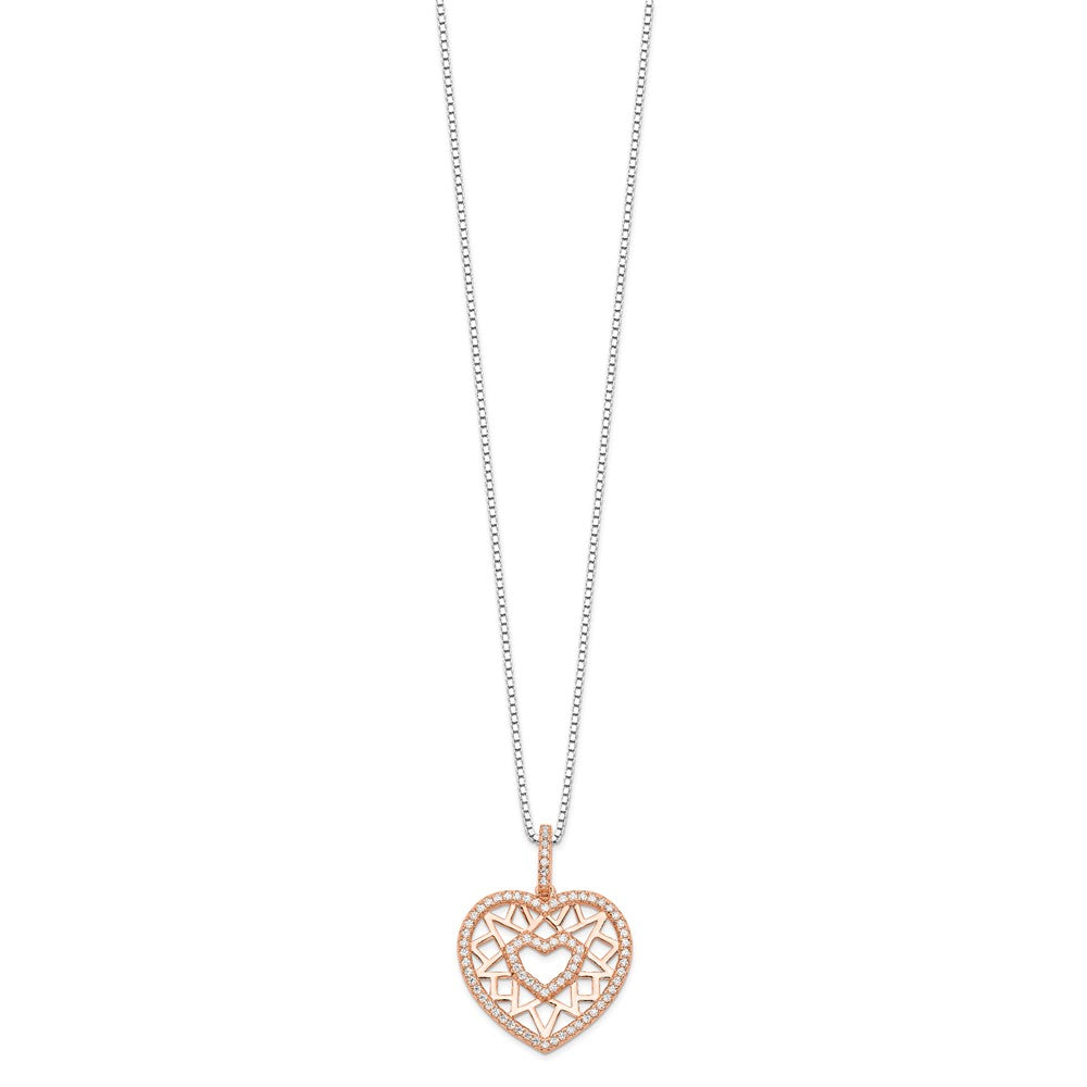 Brilliant Embers Sterling Silver Rose-tone Flash Rose Gold-plated 77 Stone 18 inch Micro PavÇ CZ Heart Necklace with 2 Inc...