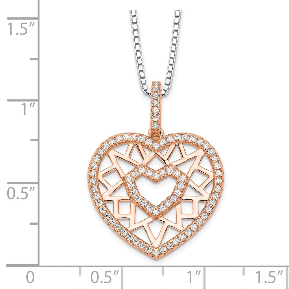 Brilliant Embers Sterling Silver Rose-tone Flash Rose Gold-plated 77 Stone 18 inch Micro PavÇ CZ Heart Necklace with 2 Inc...