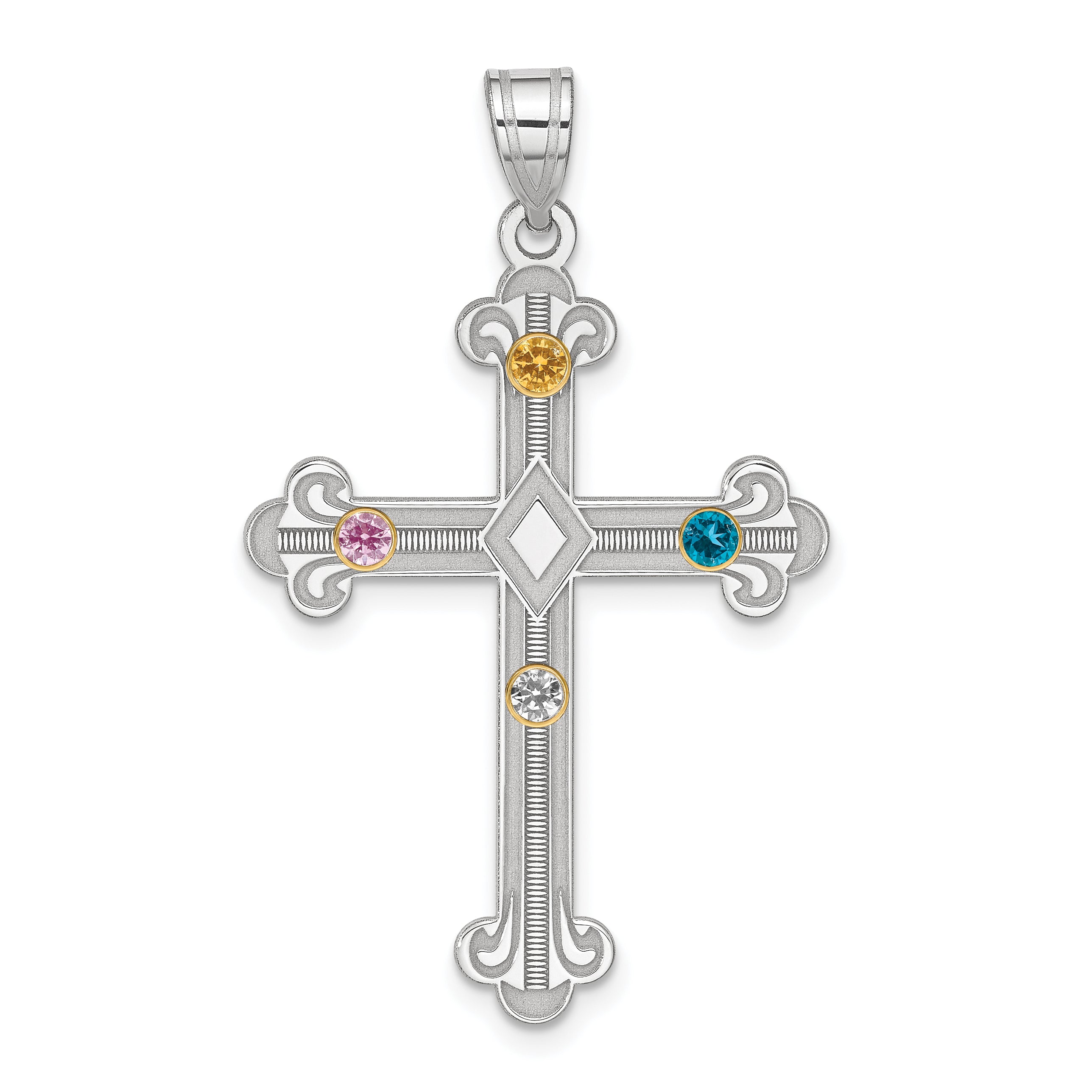 Sterling Silver/14k Bezel Crystal Family Cross Pendant QMP3/4G