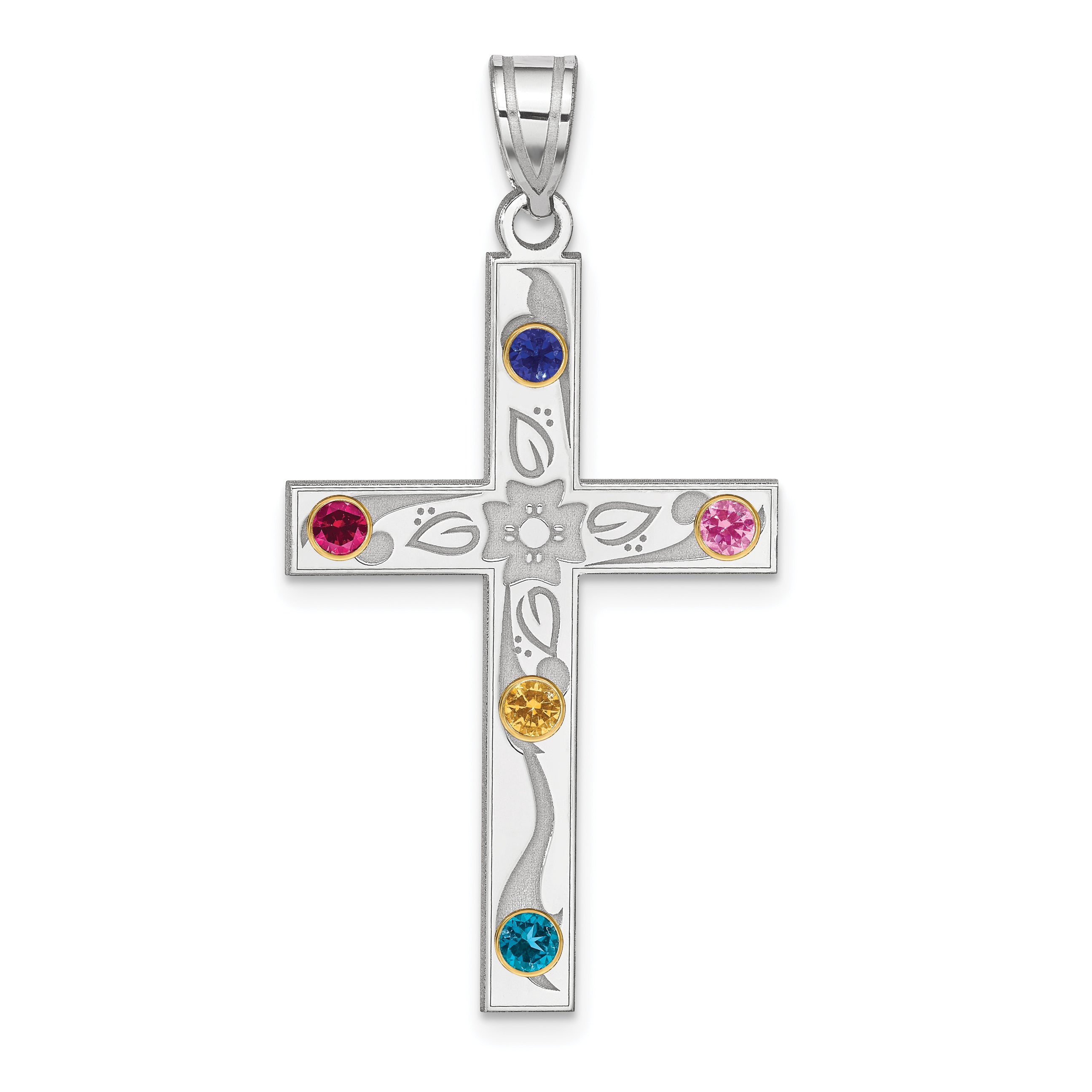 Sterling Silver/14k Bezel Crystal Family Cross Pendant QMP4/5G