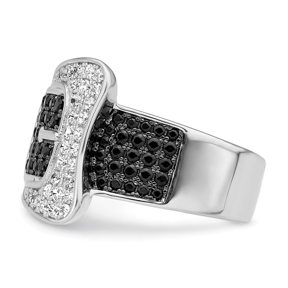 Brilliant Embers Sterling Silver Rhodium-plated 109 Stone Micro PavÇ Black and White CZ Buckle Ring