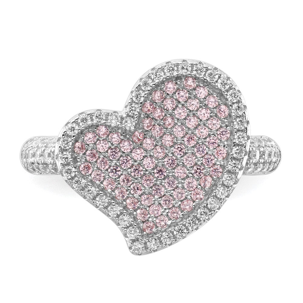 Sterling Silver Pink & Clear CZ Brilliant Embers Heart Ring