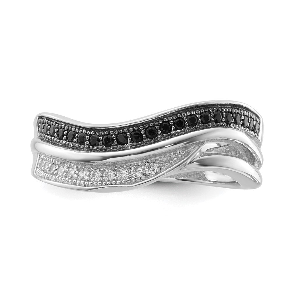 Sterling Silver Black & Clear CZ True Fire Curved Design Ring