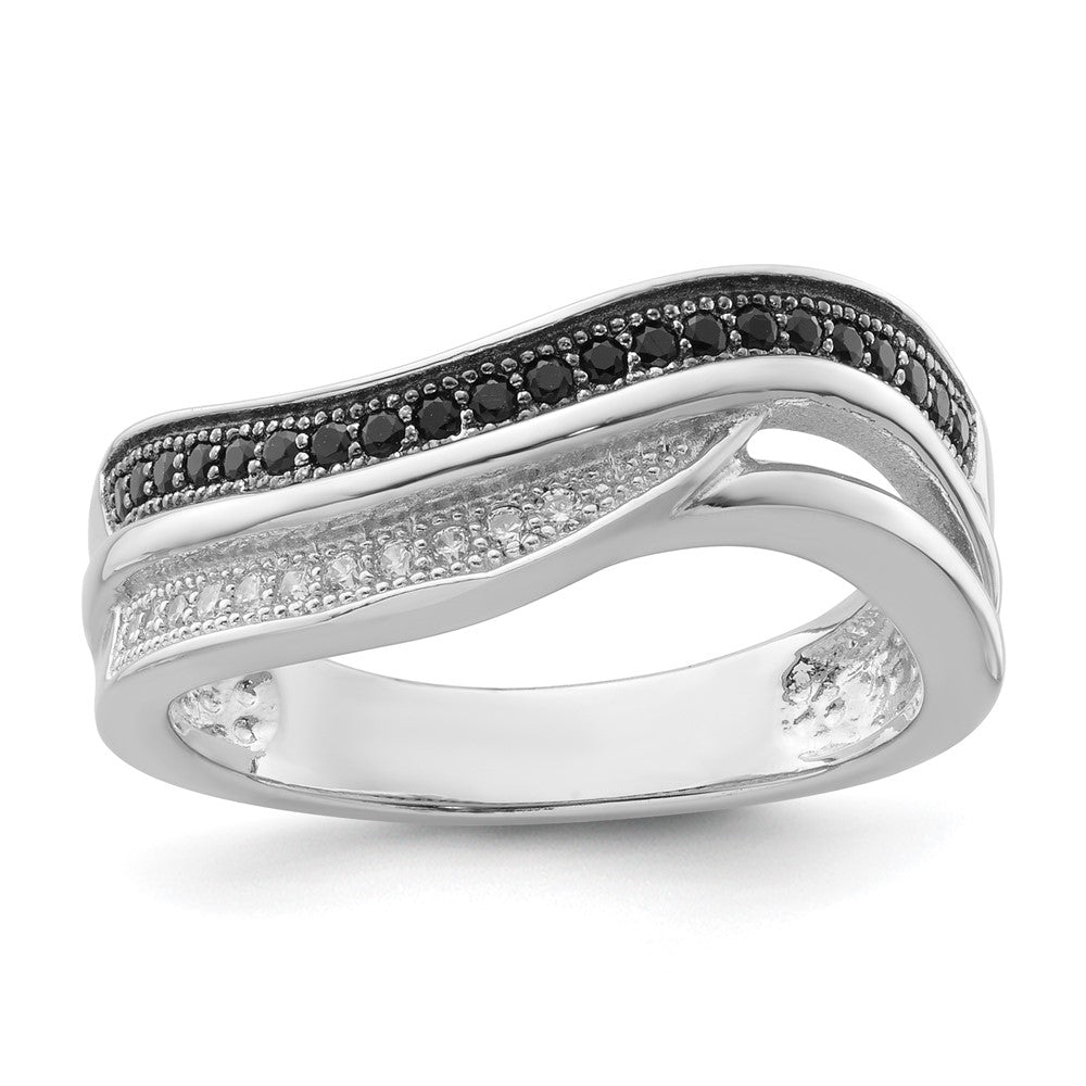 Sterling Silver Black & Clear CZ True Fire Curved Design Ring