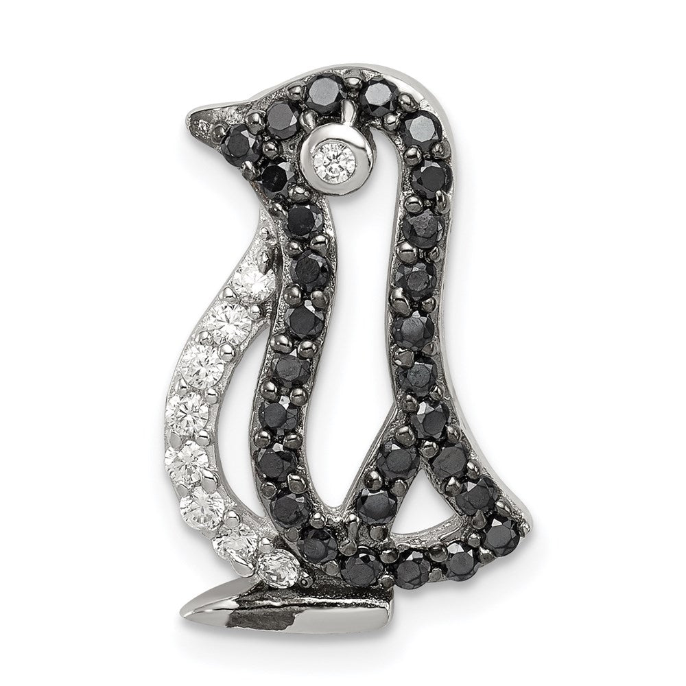 Sterling Silver Rhodium-plated Black and White CZ Penguin Chain Slide