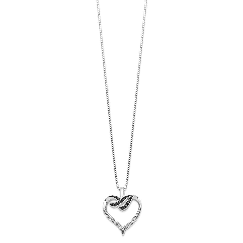 White Night Sterling Silver Rhodium-plated Black and White Diamond Heart 18 Inch Necklace with 2 Inch Extender