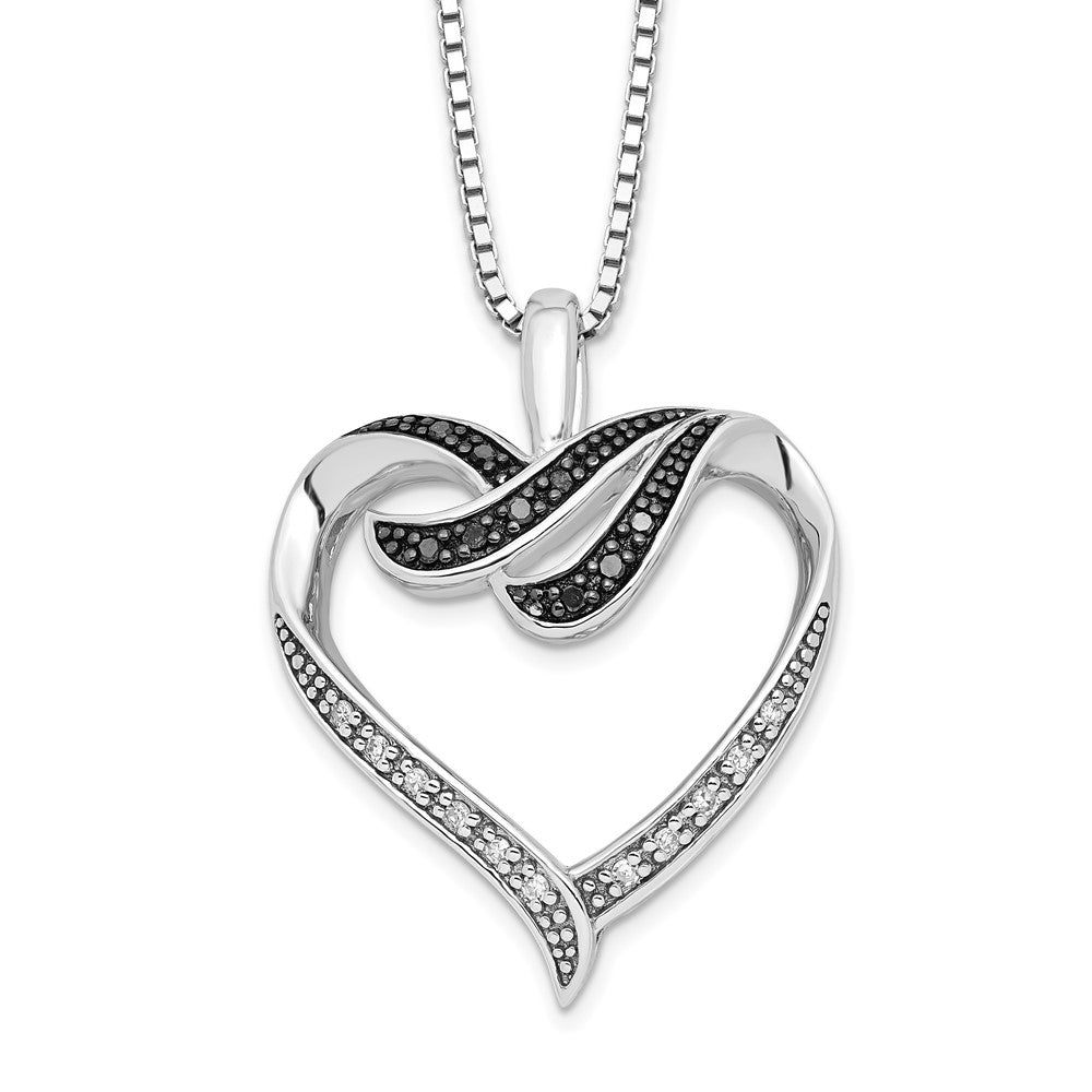 White Night Sterling Silver Rhodium-plated Black and White Diamond Heart 18 Inch Necklace with 2 Inch Extender