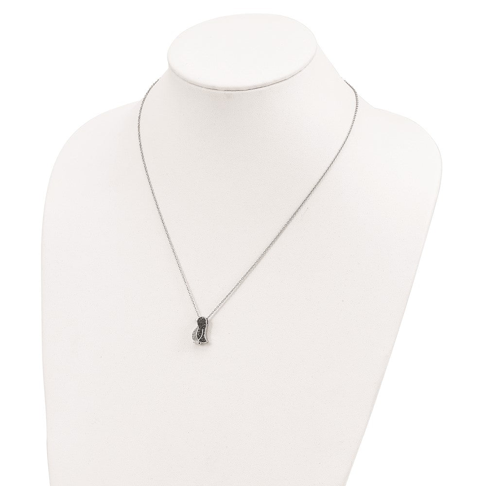 White Night Sterling Silver Rhodium-plated Black and White Diamond Penguin 18 Inch Necklace with 2 Inch Extender