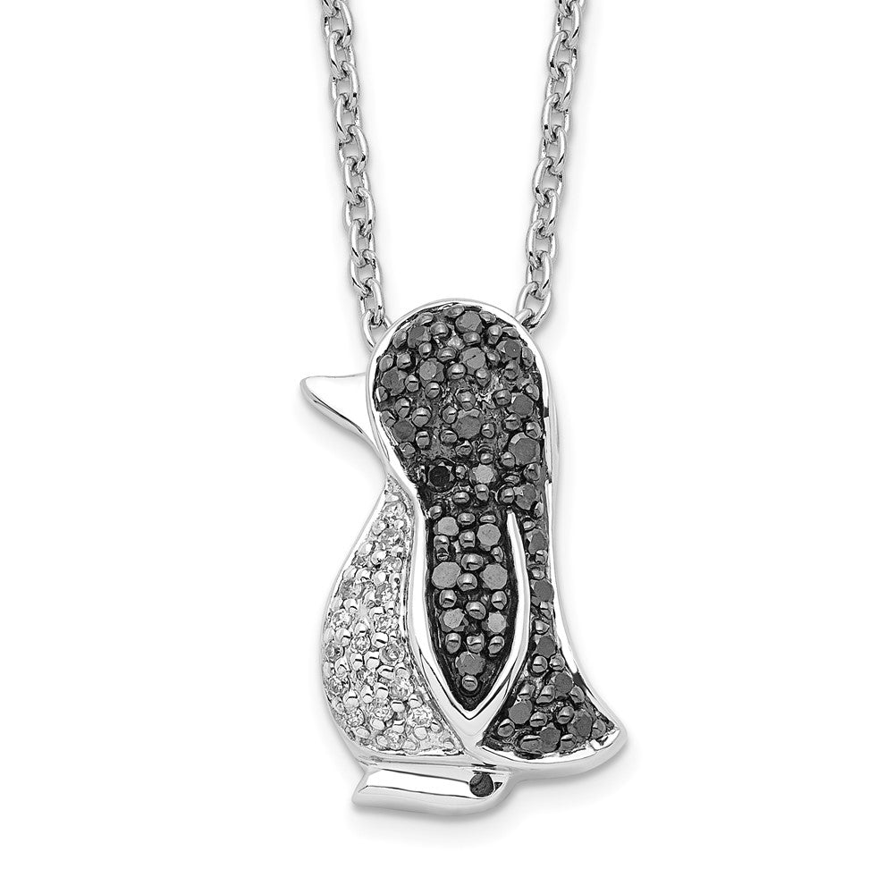 White Night Sterling Silver Rhodium-plated Black and White Diamond Penguin 18 Inch Necklace with 2 Inch Extender