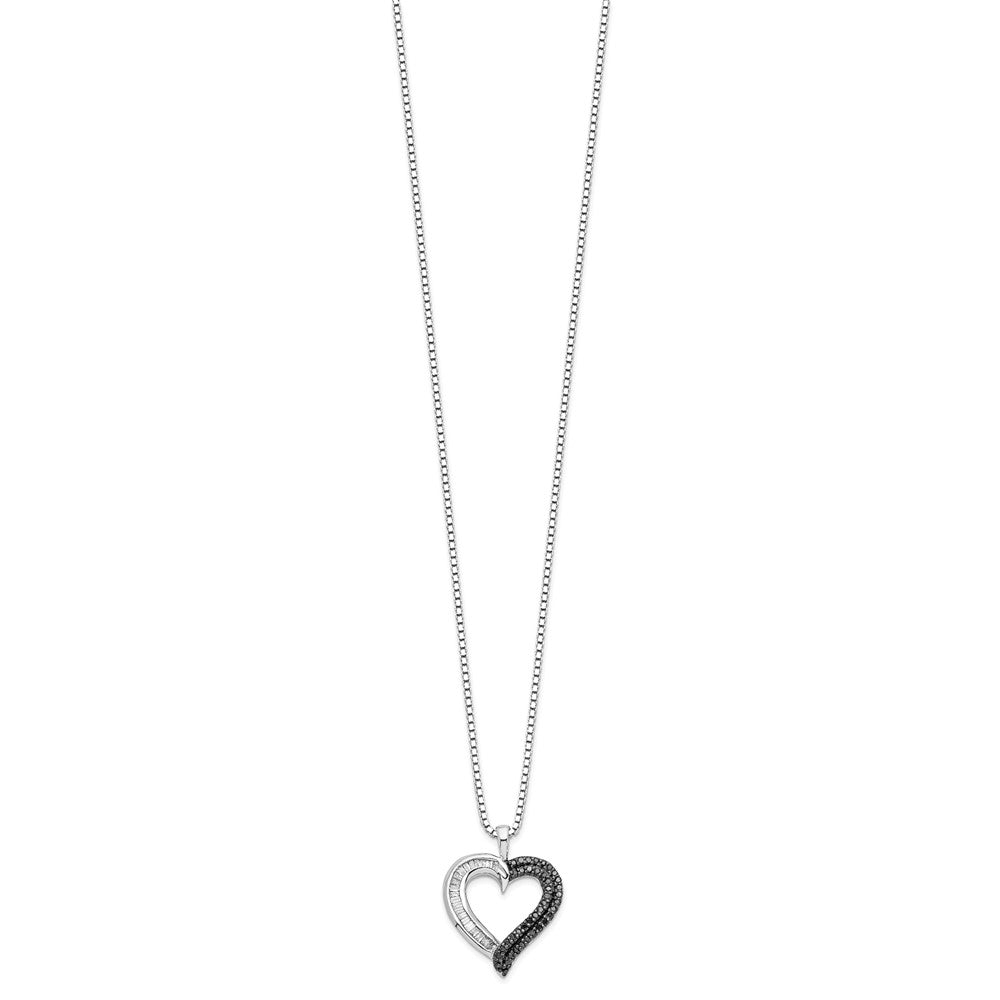 White Night Sterling Silver Rhodium-plated Black and White Diamond Heart 18 Inch Necklace with 2 Inch Extender