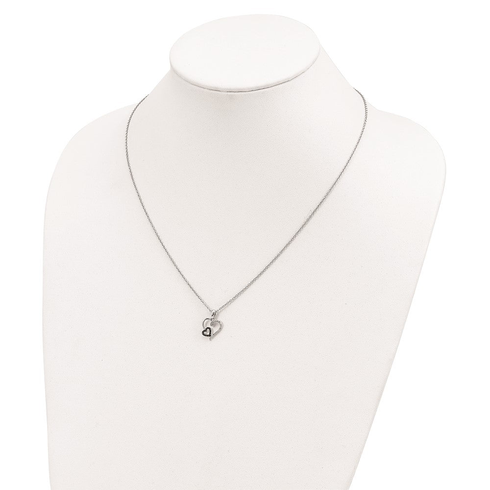 White Night Sterling Silver Rhodium-plated Black and White Diamond Double Heart 18 Inch Necklace with 2 Inch Extender