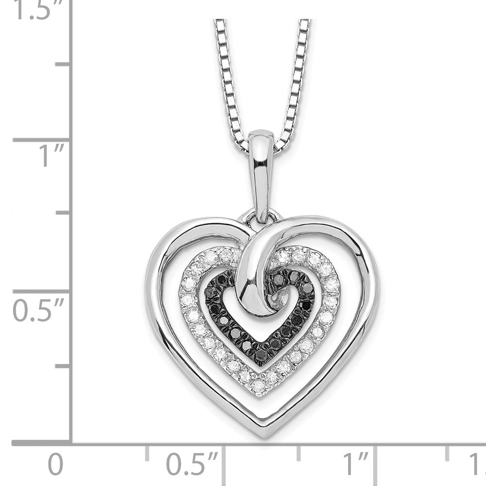 White Night Sterling Silver Rhodium-plated Black and White Diamond Triple Heart 18 Inch Necklace with 2 Inch Extender