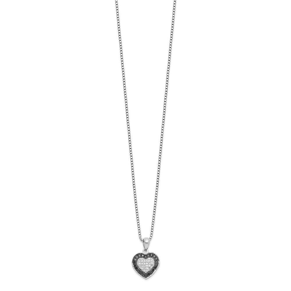 White Night Sterling Silver Rhodium-plated Black and White Diamond Heart 18 Inch Necklace with 2 Inch Extender