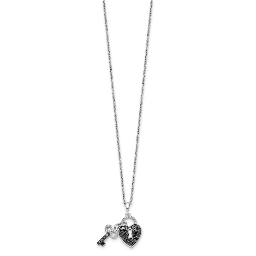 White Night Sterling Silver Rhodium-plated Black and White Diamond Heart and Key 18 Inch Necklace with 2 Inch Extender