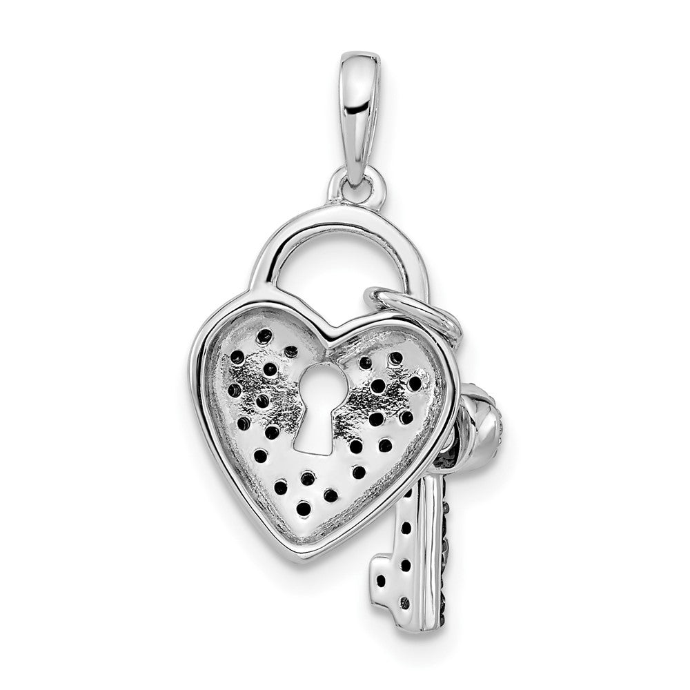 White Night Sterling Silver Rhodium-plated Black and White Diamond Heart and Key 18 Inch Necklace with 2 Inch Extender