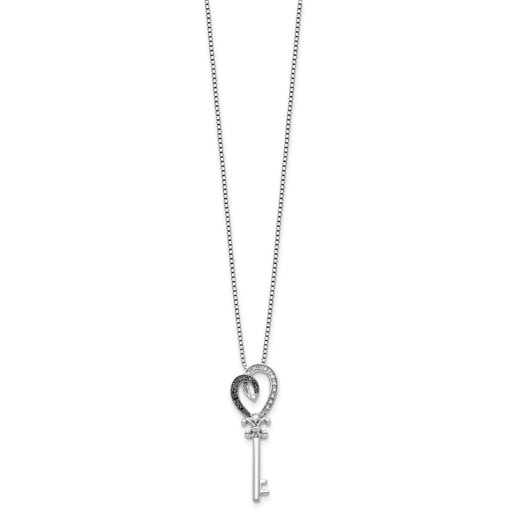 White Night Sterling Silver Rhodium-plated Black and White Diamond Heart and Key 18 Inch Necklace with 2 Inch Extender