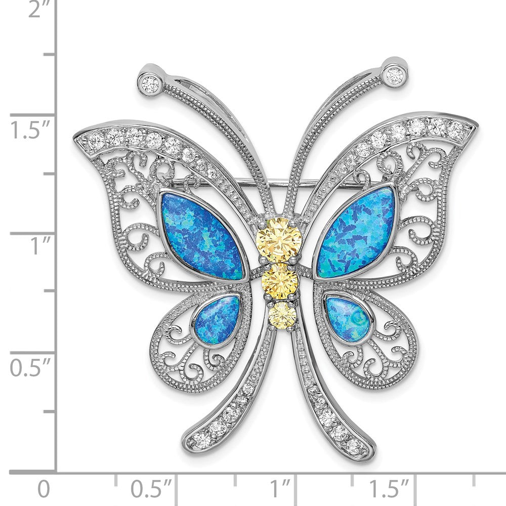 Sterling Silver Rhodium-plated Created Opal CZ Butterfly Pin/Chain Slide