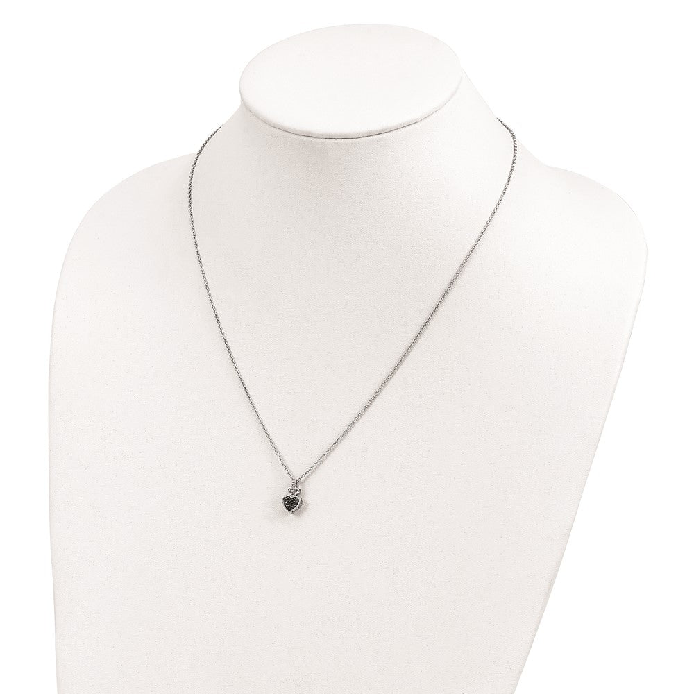 White Night Sterling Silver Rhodium-plated White and Black Diamond Heart 18 Inch Necklace with 2 Inch Extender